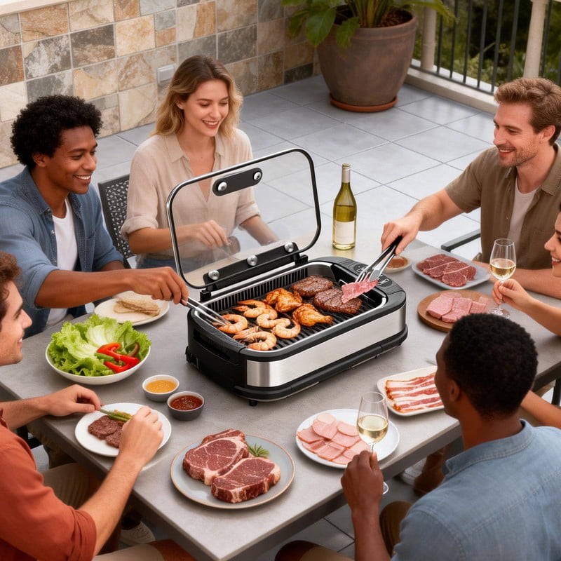 FREE VILLAGE Smokeless Indoor Grill,1500W Electric BBQ Grill with Smoke Extractor and Tempered Glass Lid,Removable Grill and Nonstick Grill Plates with Drip Tray,Temperature Control,Dishwasher Safe