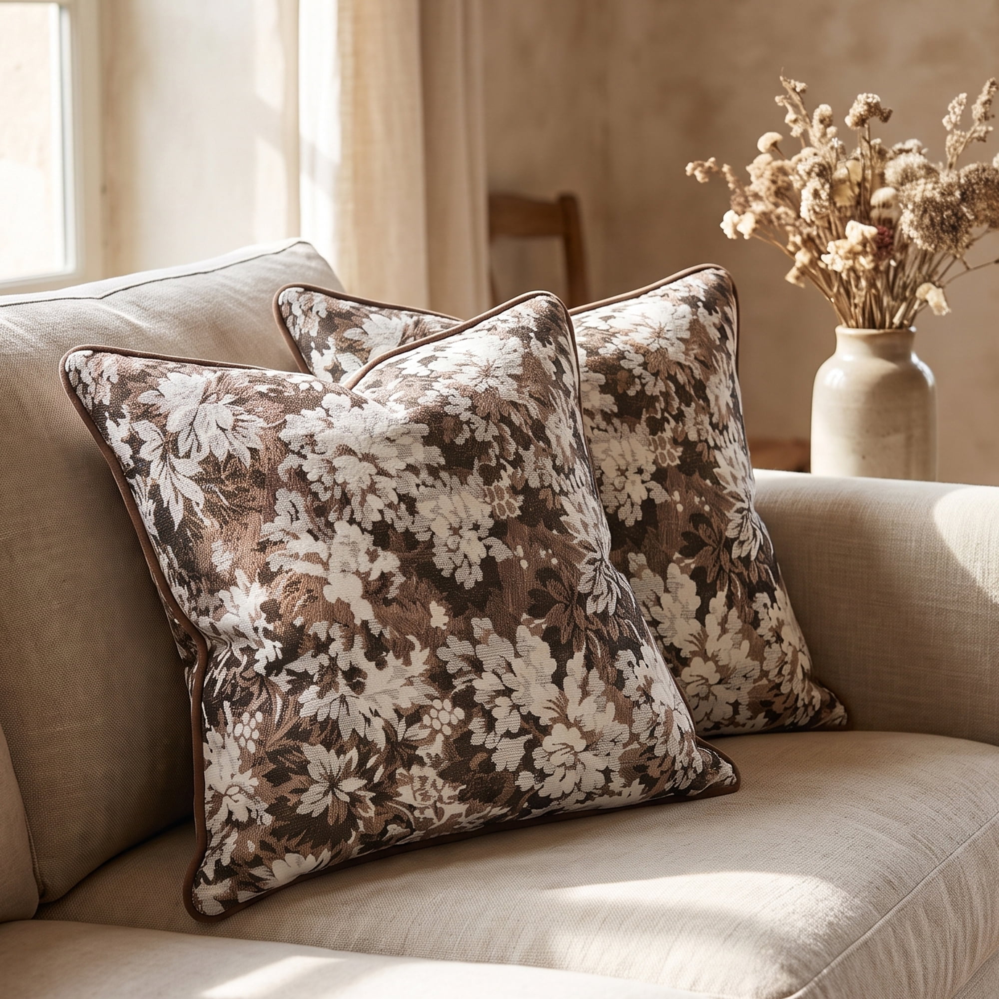 Unique Bargains Floral Throw Pillow Cover with Piped Edge Decor Cushion Case Brown 18"x18"