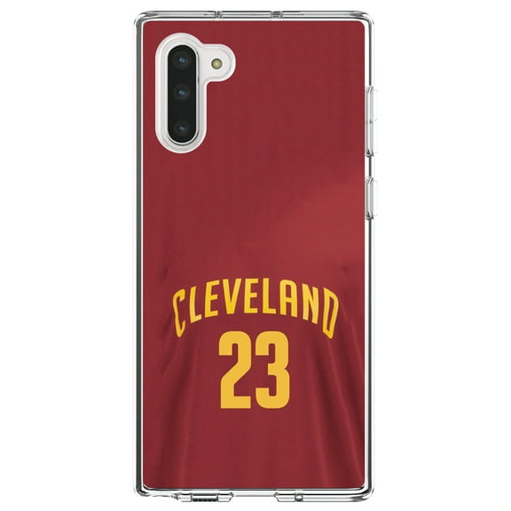DistinctInk Clear Shockproof Hybrid Case for Samsung Galaxy Note 10 (6.3" Screen) - TPU Bumper, Acrylic Back, Tempered Glass Screen Protector - Cleveland 23 Jersey - Basketball