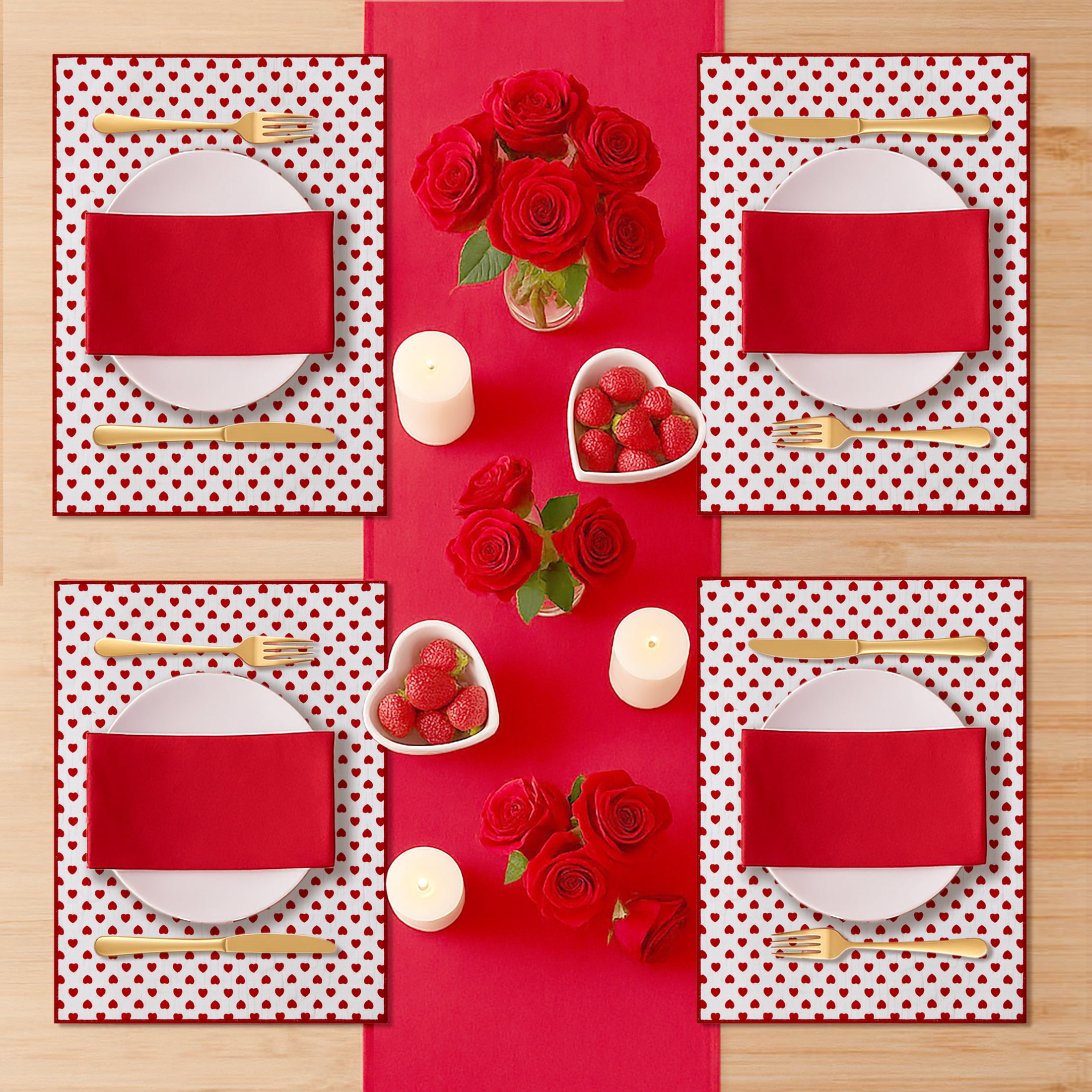 Reversible Hearts Table Runner - 14" x 90" - 100% Cotton, Red & Ivory