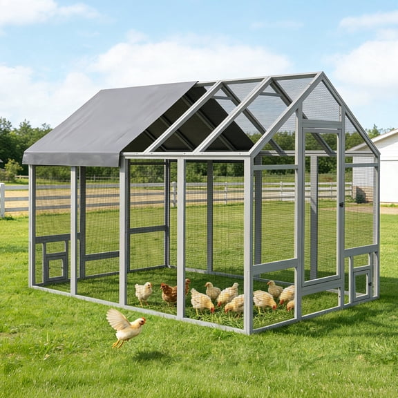 TIMHAKA 96” Outdoor Large Chicken Coop, Wooden Chicken Run w/ Cover for 12 Chickens, Gray