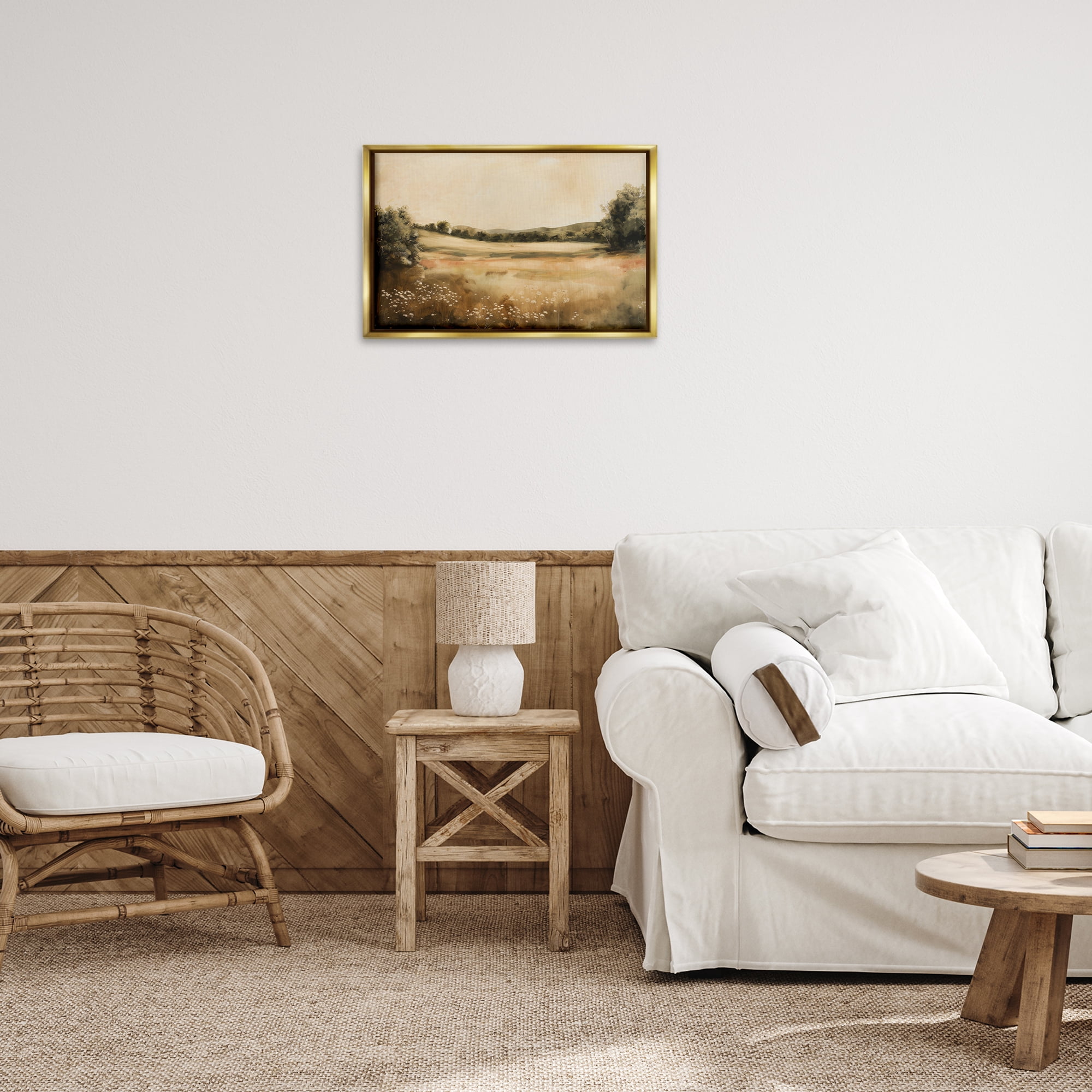 Stupell Industries Neutral Meadow Landscape Landscape & Nature Painting Gold Floater Framed Canvas Art Print Wall Art, 25 x 17