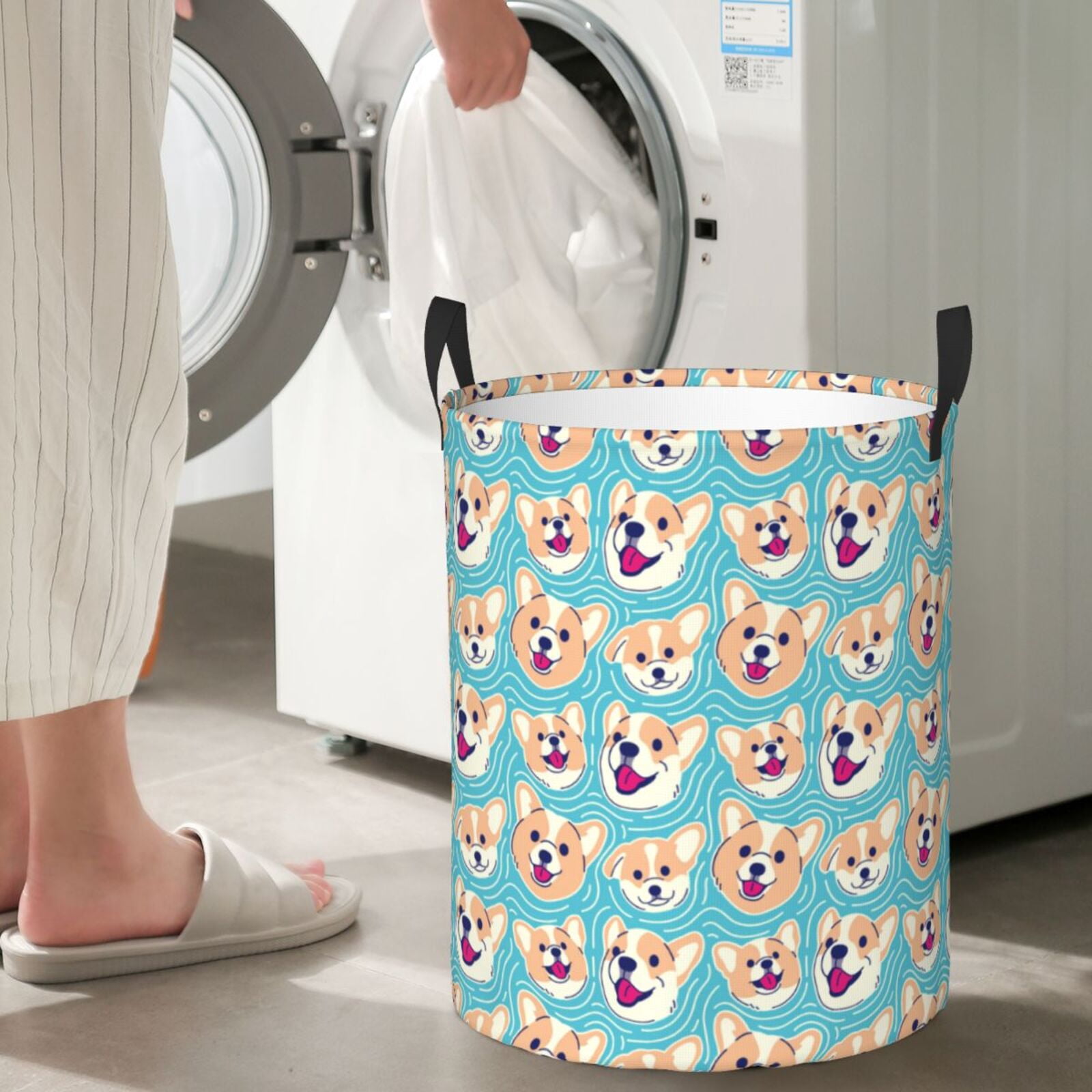 Large Laundry Basket with Handles - Cute Corgi Head Kids Baby Dirty Clothes Laundry Hamper for Bedroom Aesthetic