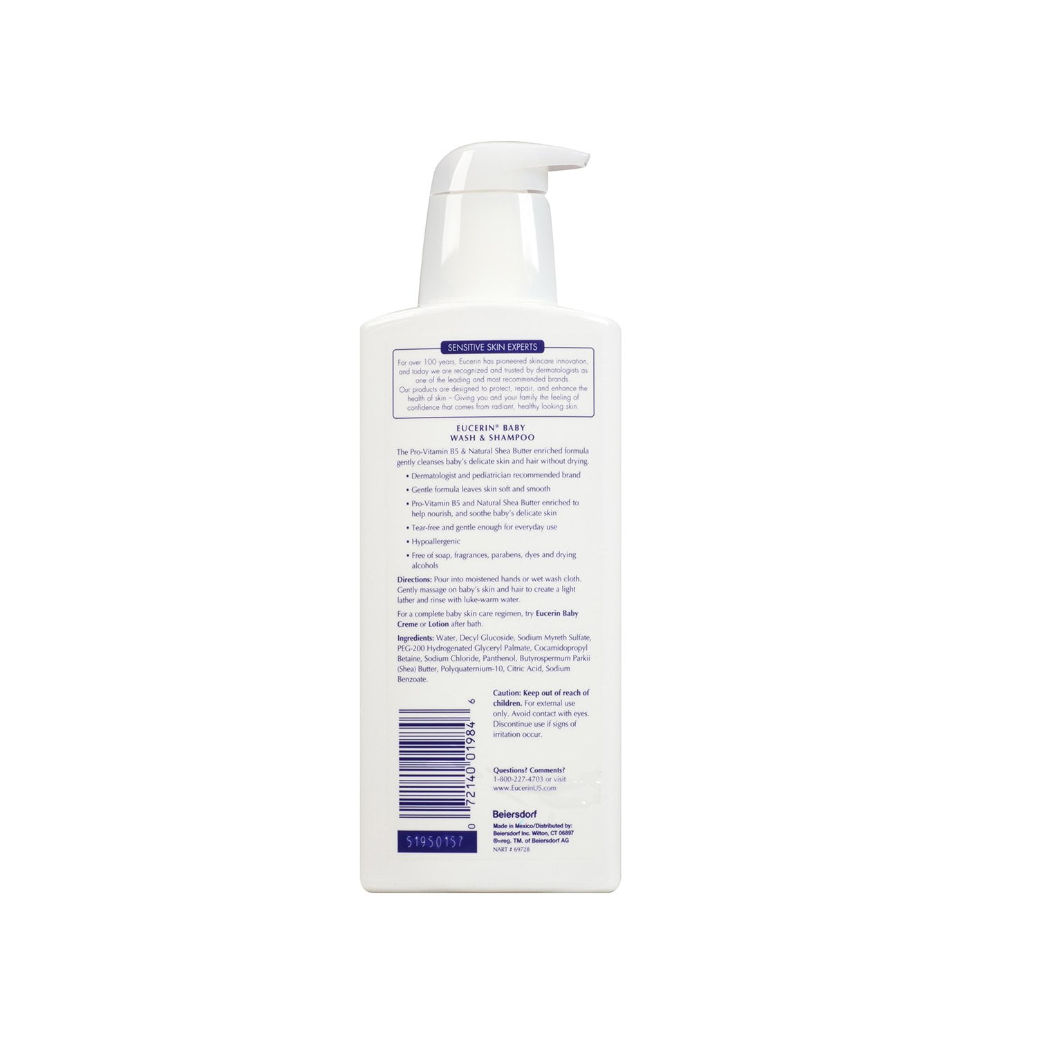 Eucerin Baby Wash & Shampoo Sensitive Skin, Fragrance Free, 13.5oz, 6-Pack