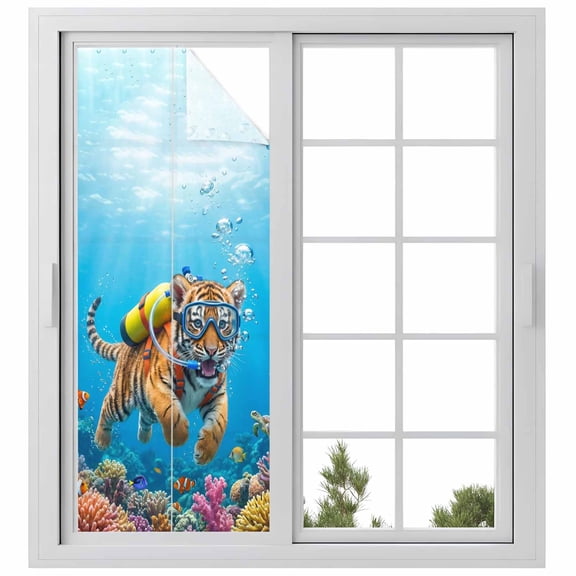 Funny Diving Tiger Window Privacy Film, Ocean Sea Coastal Coral Fish Marine Life Static Cling UV Sun Blocking Heat Control Window Tint Day and Night, Non-Adhesive One Way Privacy Cover 23.6''x59''