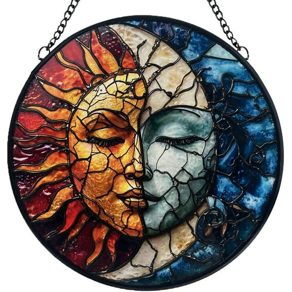 Sun and Moon Stained Glass Suncatcher – Handmade Window Hanging, Metal Chain Decor, Outdoor Garden Gift for Women, Christmas Gift