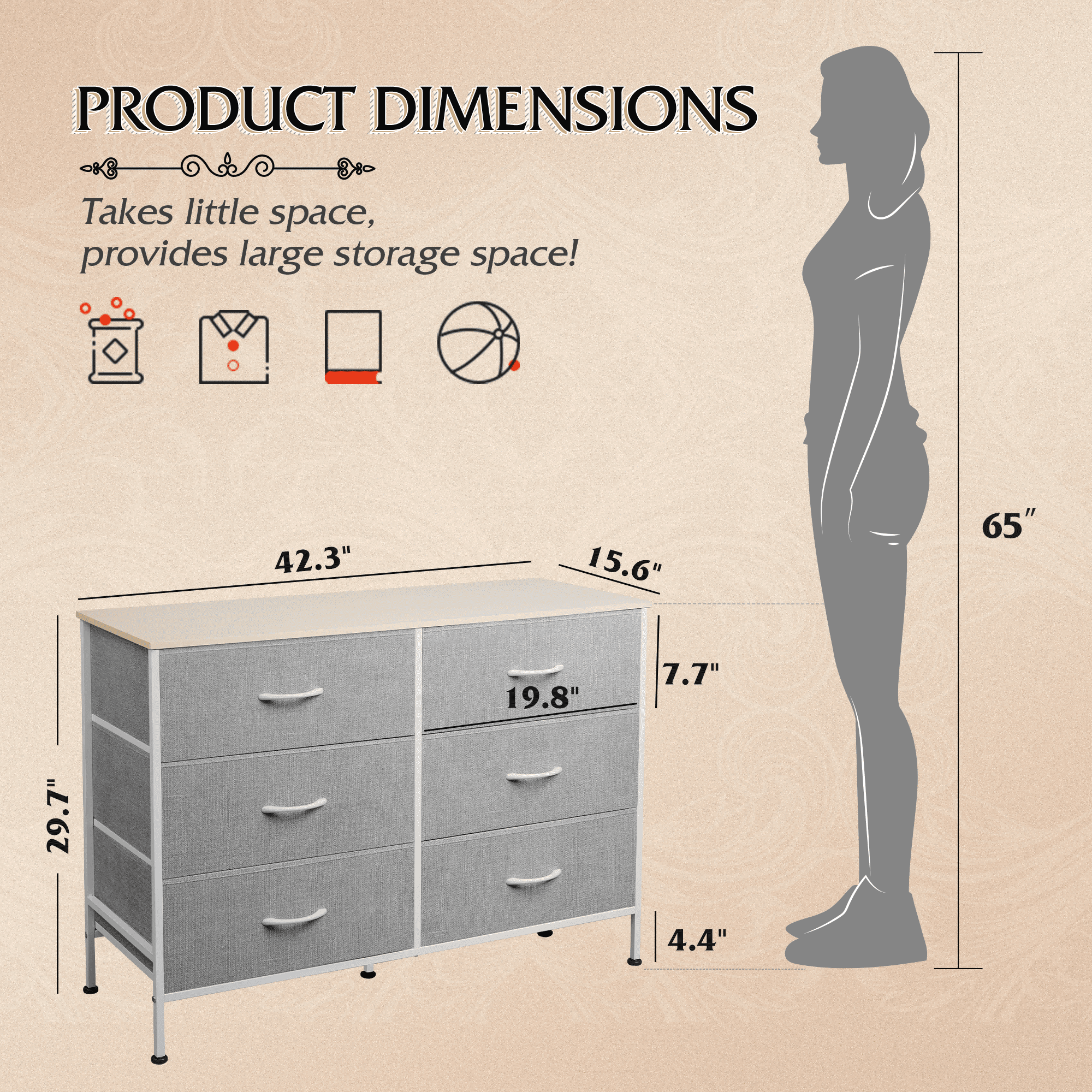 GALAXHERO 6-Drawer Fabric Dresser, 50-Inch TV Stand Wide Chest of Drawers for Bedroom, Closet, Living Room, Light Grey