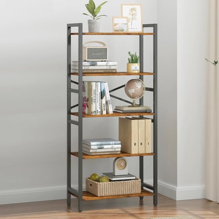 5-Tier Free Standing Open Bookshelf Storage Display Shelf with Steel Frame, Dark Brown