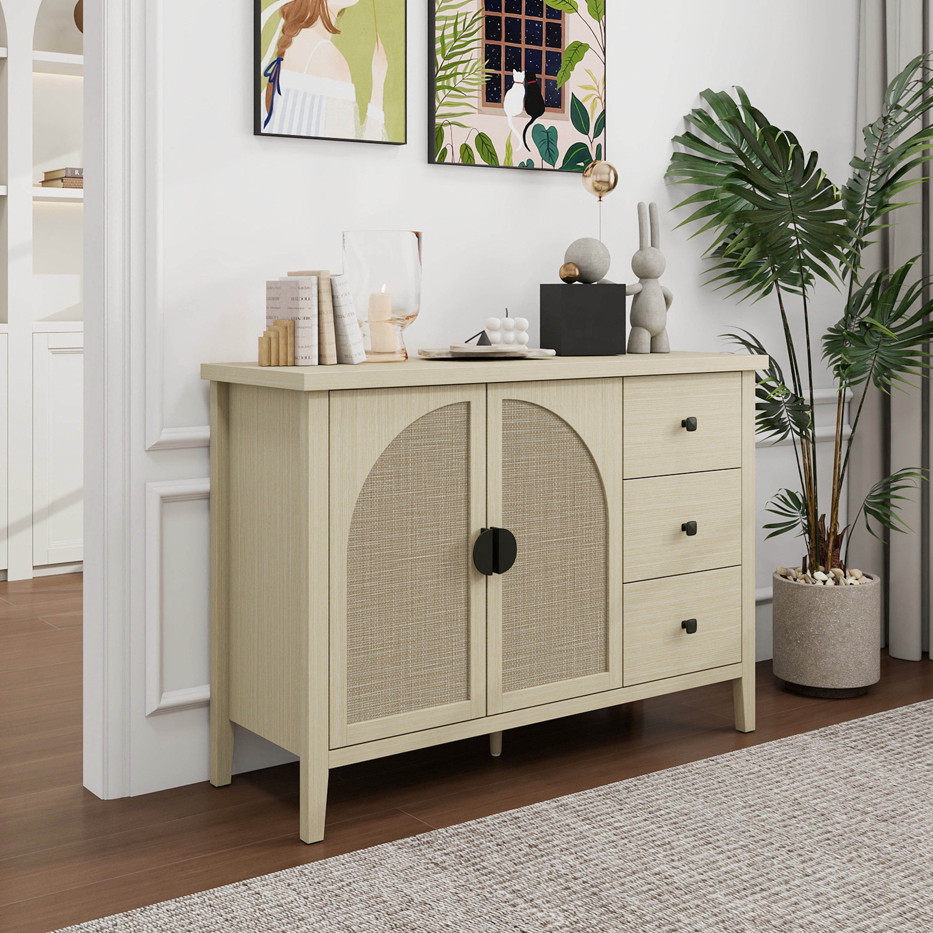 Gewnee Rattan 2 Door 3 Drawer Cabinet, Suitable for Bedroom, Living Room, Study