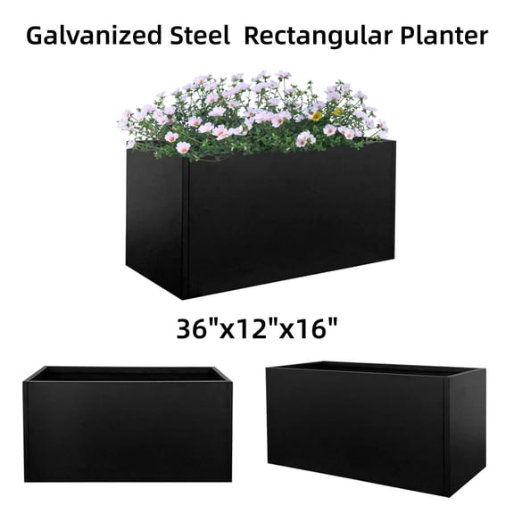 36"x12"x16" Garden Pot Planter Box with Drainage Hole Large Flower Pots Containter for Outdoor Plants Decorative Patio Deck Yard Hotel Front Porch Tall Square Pots Galvanized Steel Heavy Duty, Black