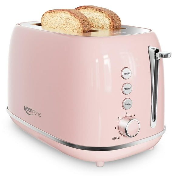 2 Slice Toaster Retro Stainless Steel Toaster with Bagel Cancel Defrost Function and 6 Bread Shade Settings Bread Toaster Extra Wide Slot and Removable Crumb Tray (Pink)