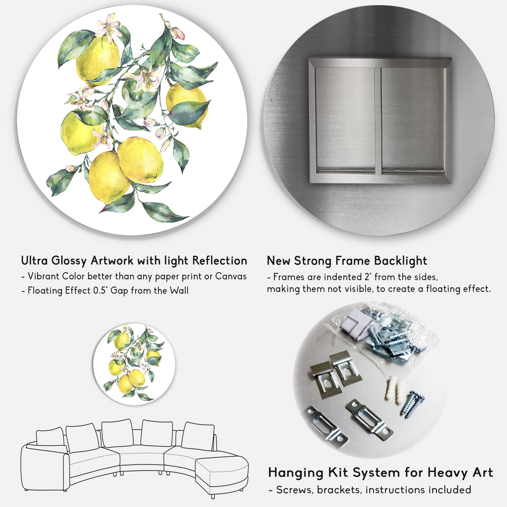 Designart 'Branch of Leaves and Yellow Lemons I' Tropical Circle Metal Wall Art 23x23 - Disc of 23