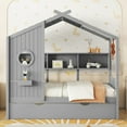 thumbnail image 3 of Harper & Bright Designs Wooden Twin Size House Bed Frame with Trundle and Storage Shelves, House-Shaped Beds with Roof and Window Design for Girls Boys Bedroom, Gray, 3 of 16