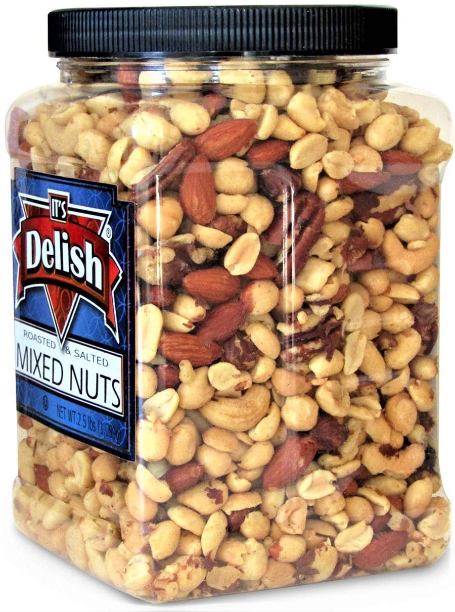 Roasted and Salted Mixed Nuts with Peanuts  with Sea Salt by Its Delish, 2.5 LBS Jumbo Reusable Container - Bulk Style, Fresh, Kosher, Crunchy & Delicious