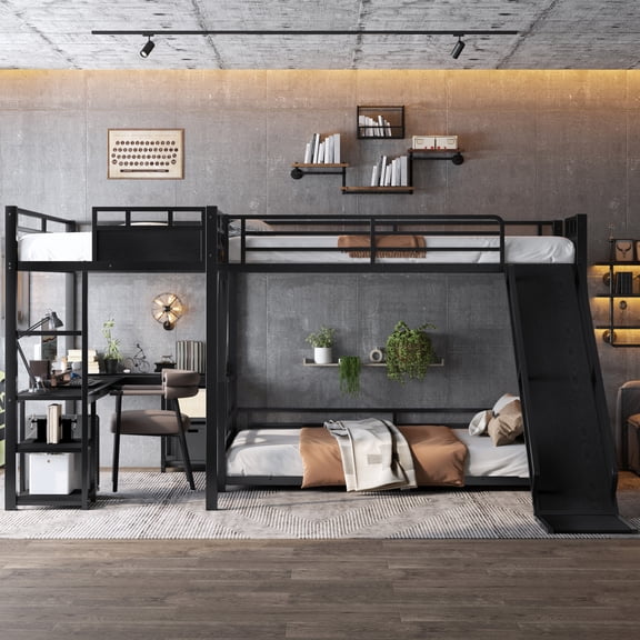 L-Shaped Triple Bunk Bed w/ Slide, Desk, Shelves & USB, Twin/Full Loft,Black