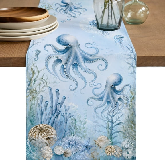 Table Runners 120 Inches Long Dress Scarves, Octopus Coastal Farmhouse Coffee/Dining/Kitchen Table Decor Table Runner for Living Room, Nautical Seaside Coral Starfish Conch 13x120 Inch