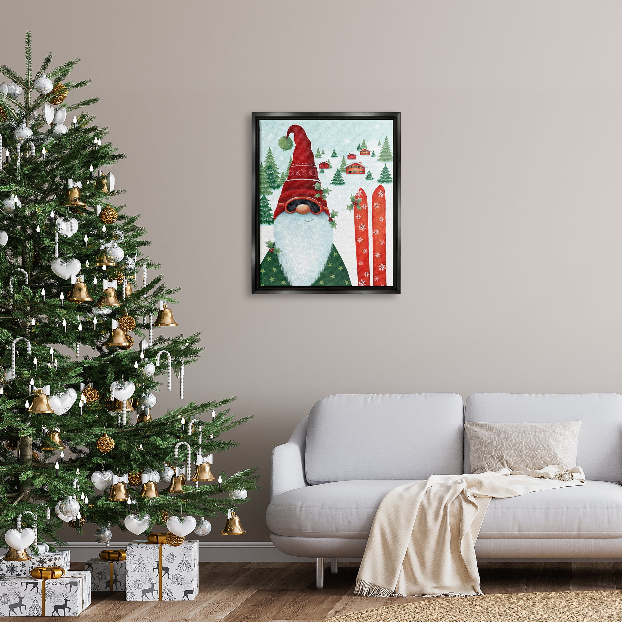 Stupell Industries Gnome Skiing Winter Slopes Holiday Painting Black Floater Framed Canvas Art Print Wall Art, 25 x 31