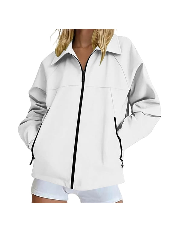 Women's Full Zip Jacket Lapel Casual Lightweight Windbreaker Coat Loose Fitting Long Sleeve Outerwear