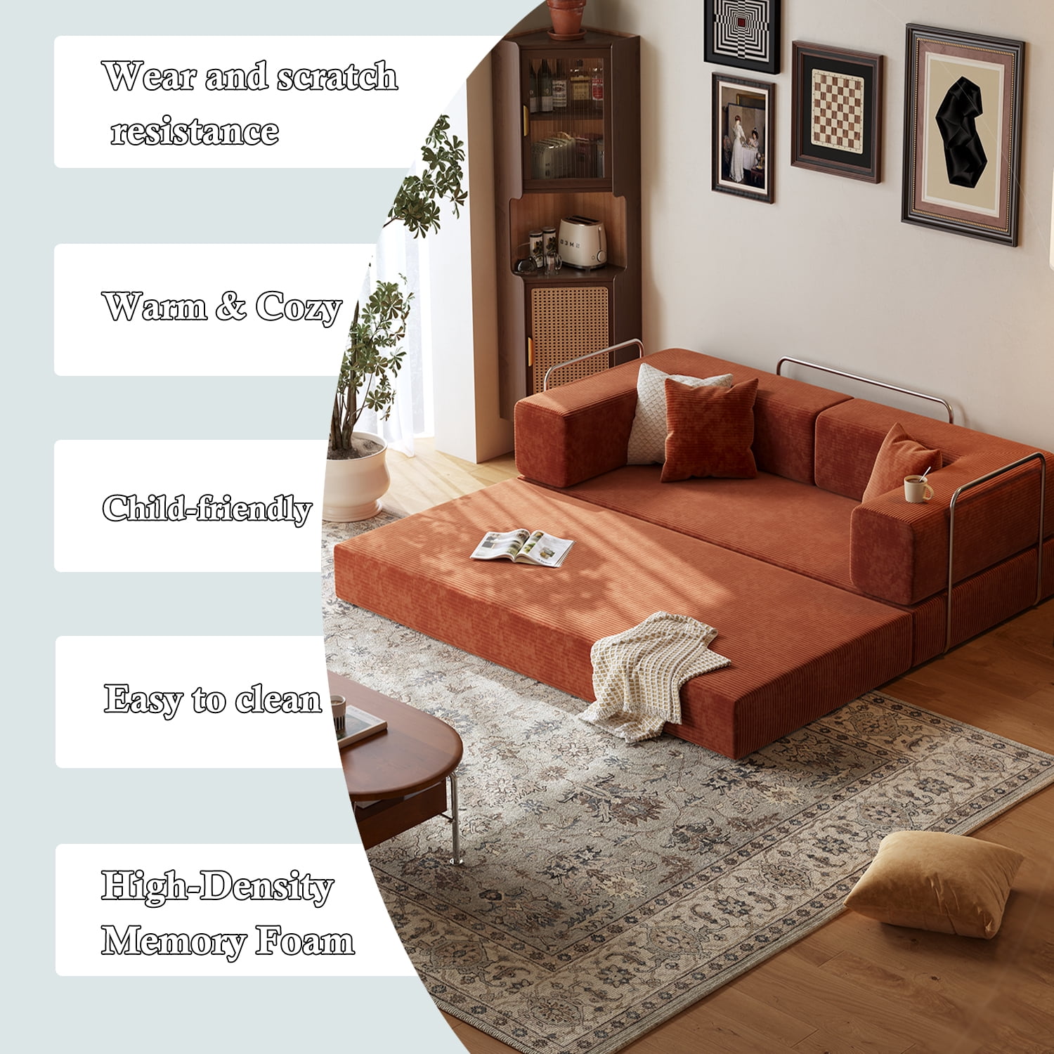 Lodeija 80.3" 5-in-1 Convertible Futon Sofa Bed, Green Corduroy Tatami Sleeper Couch for Small Spaces, 2 Pillows