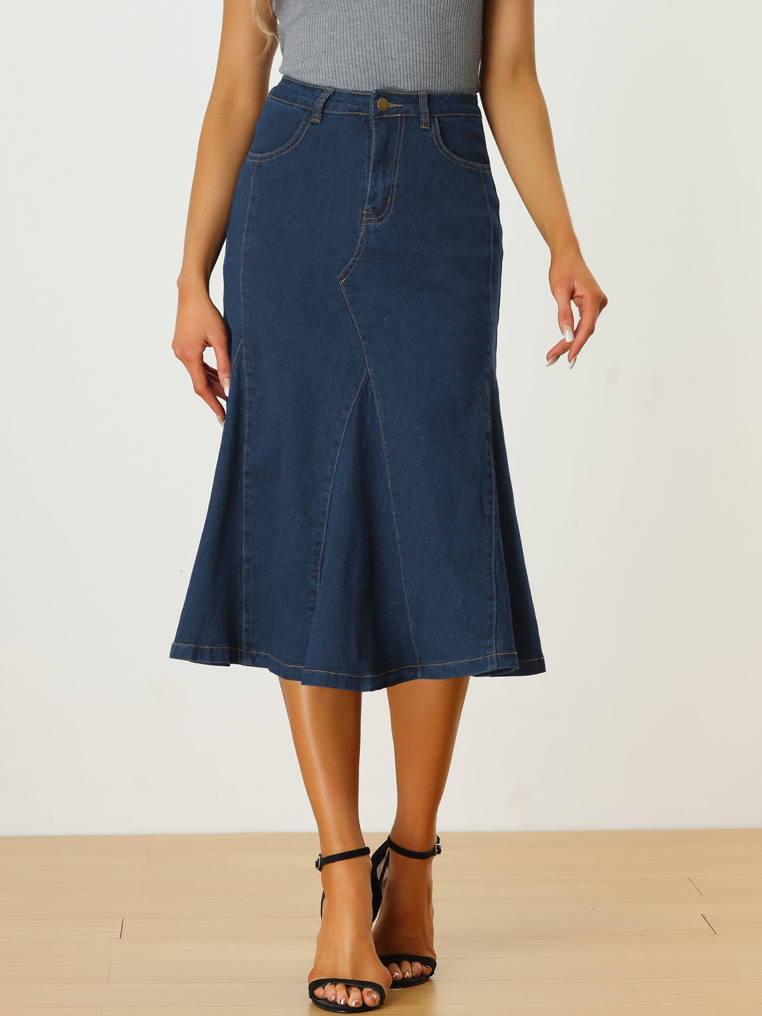 DARING DIVA Women's High Waisted A-Line Flared Midi Casual Denim Skirt M Dark Blue