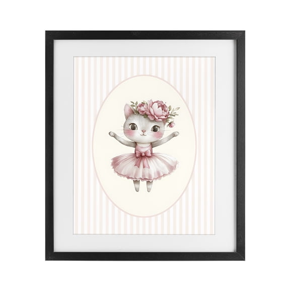 Stupell Industries Cottage Nursery Ballerina Cat Striped Black Framed Print Under Glass, 13 x 16, by LSR Design Studio
