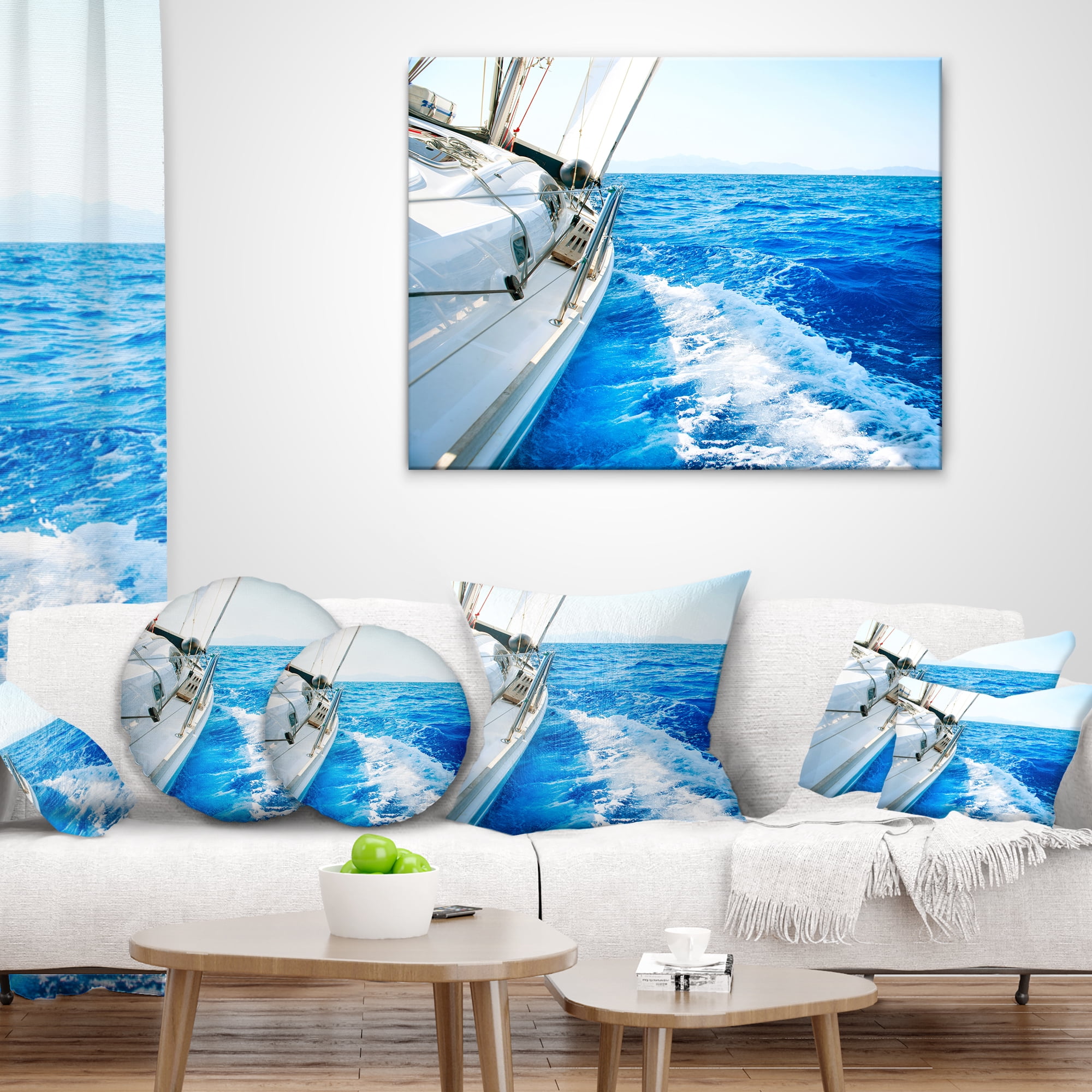 Designart White Sailing Yacht in Blue Sea - Seashore Throw Pillow - 18x18