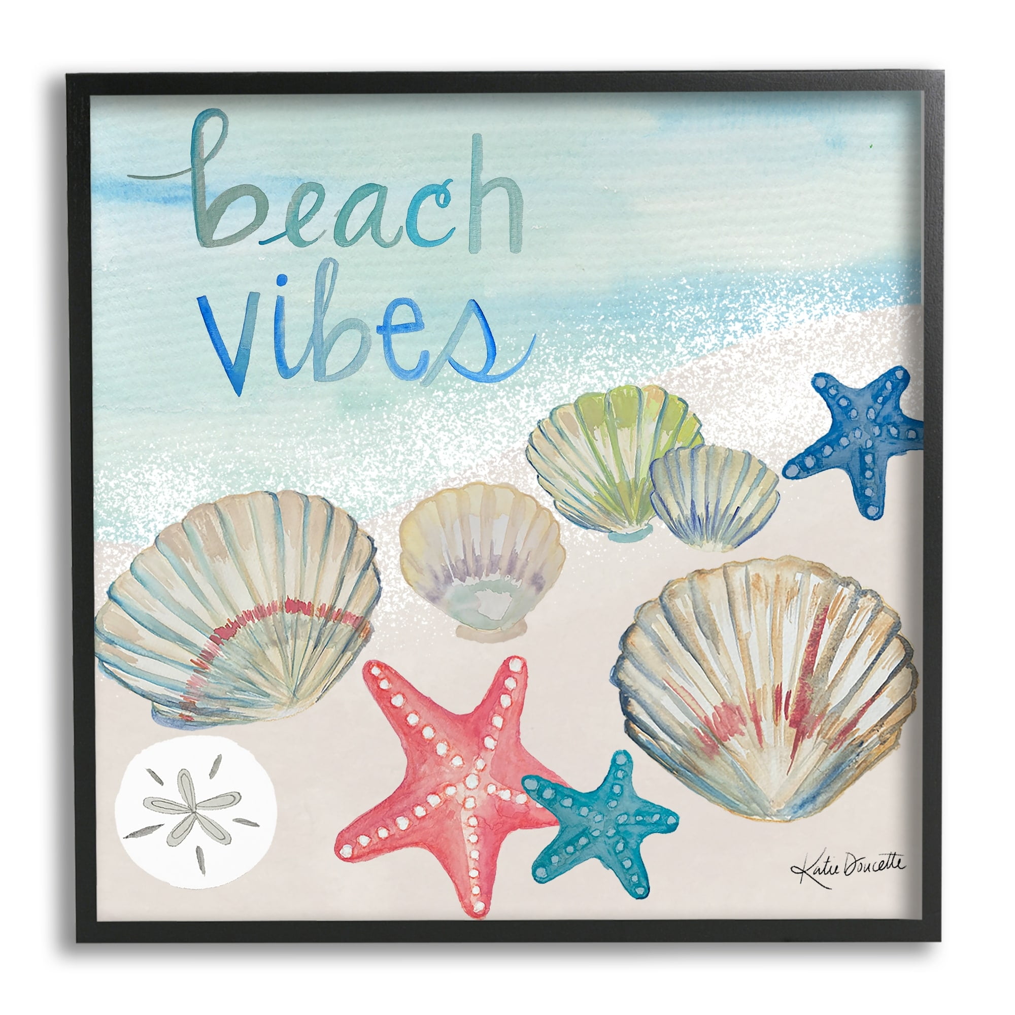 Stupell Industries Beach Vibes Calligraphy Trendy Seashells Starfish Painting Framed Wall Art, 24 x 24, Design by Katie Doucette