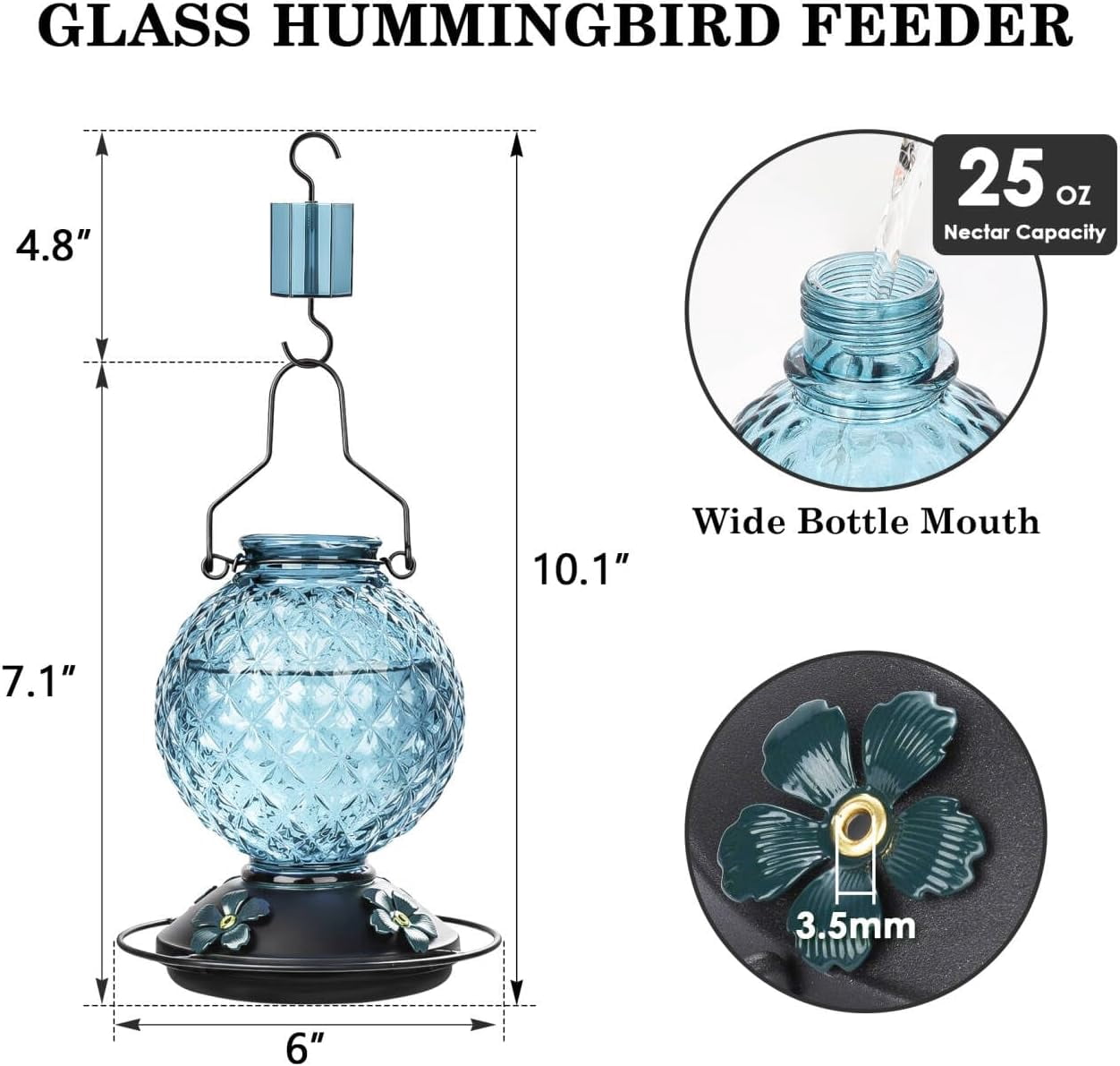 Glass Hummingbird Feeder for Outdoors Hanging, 25 OZ Humming Bird Nectar Feeder with 4 Bee Guard Feeding Ports & Built-in Ant Moat, Bird Feeder for Outside, Gifts for Women Mom, Blue