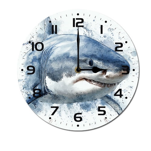 ZXCXRQFa Shark Watercolor Wall Clock Silent 10 Inch Round Decorative Battery Operated Non Ticking Wood Quiet Clocks for Bedroom Office School Home