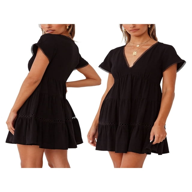 Mini-robe pour Femmes Manches Courtes V Cou Robe Décontractée Courte Coupe Ample Robe de Couleur Unie Sundresses Blanc L