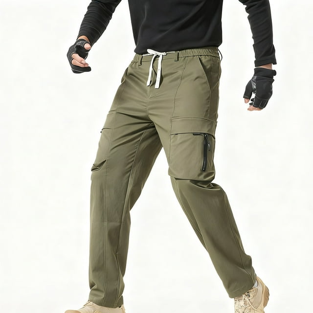 Ceisia Men Solid Color Fleece Multi Pocket Work Pants Loose Drawstring Gift Elastic Cuff Trousers