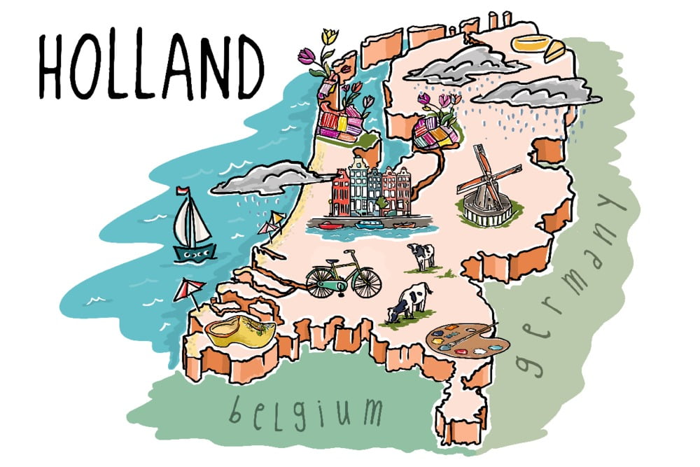 Holland, Line Drawing (12x18 Wall Art Poster, Room Decor)