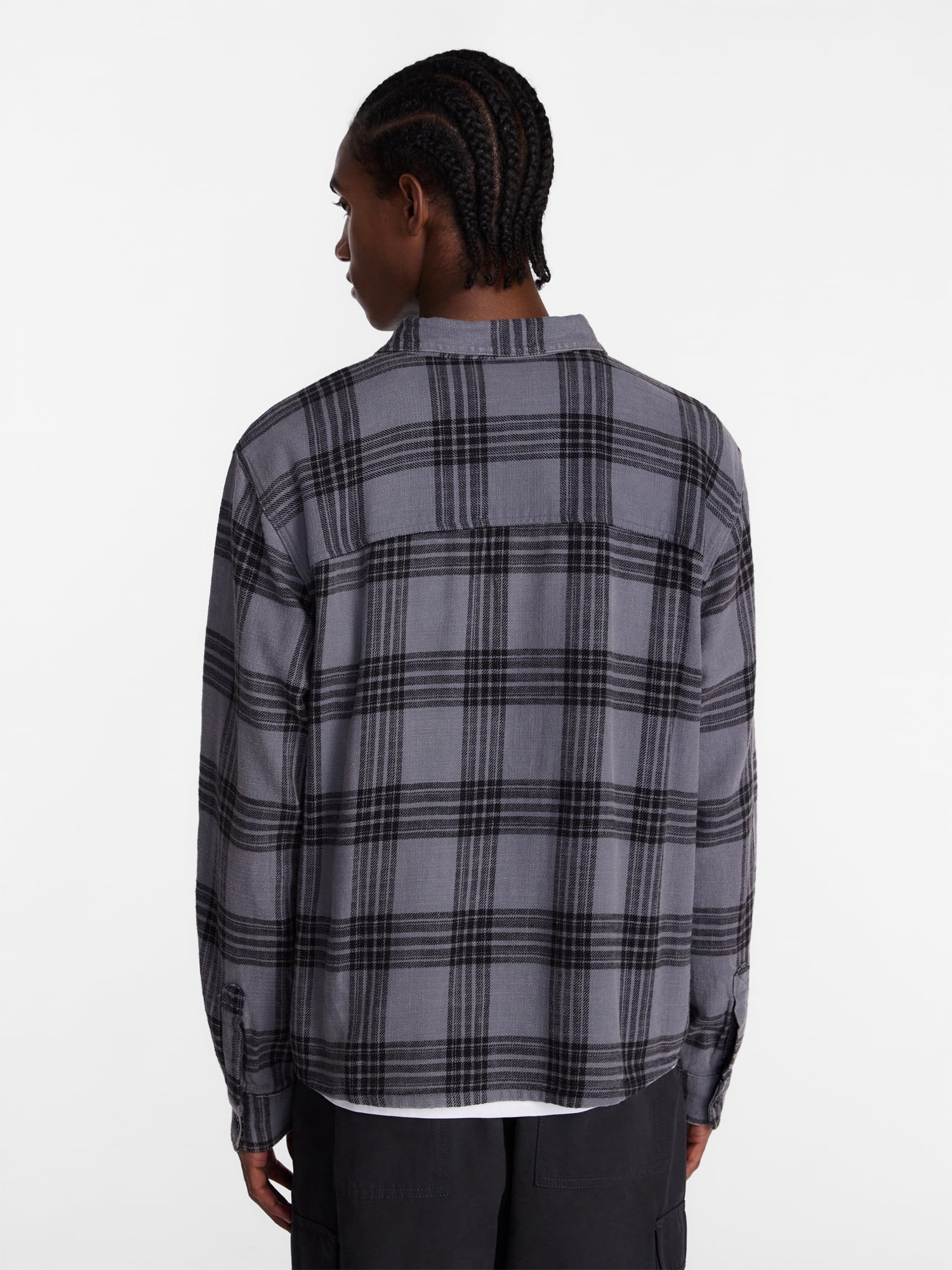 No Boundaries Boxy Fit Grunge Flannel Shirt with Long Sleeves, Men's XS-4XLT