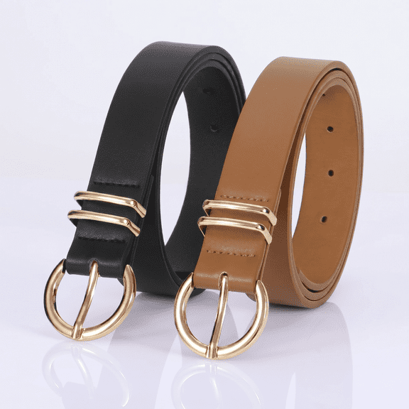 2 Pack Women's Faux Leather Belts, Gold Buckle, Black Brown, Fits Waist 31-36", for Jeans Dresses