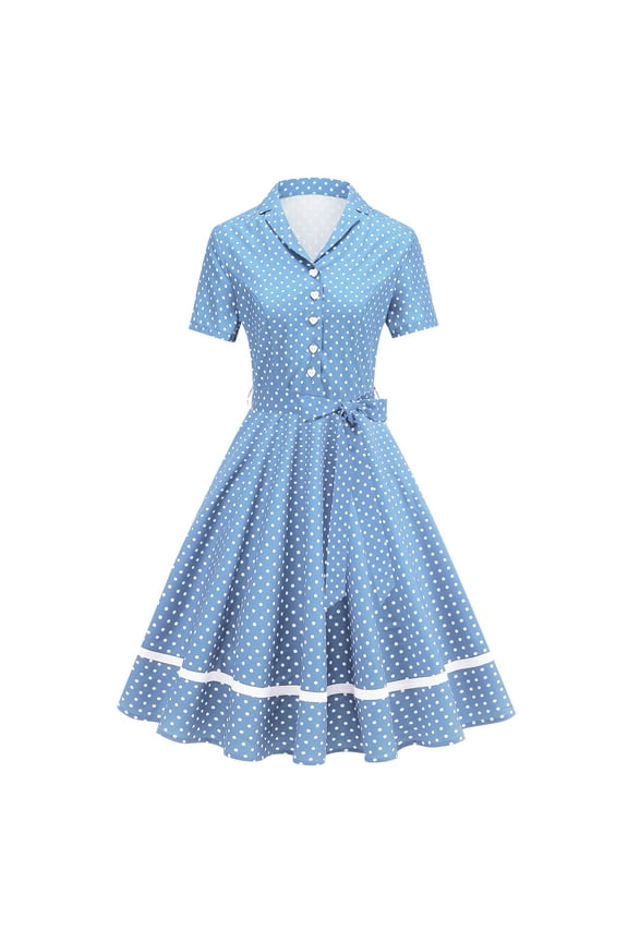 Women's 1950s Retro Dress Short Sleeve Notched Lapel Swing Dresses with Belt A-Line Vintage Cocktail Dress Blue S