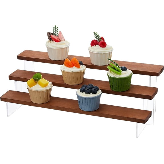 3-Tier Wood Acrylic Display Risers 15.6x6.3x5.2 Inch Display Shelf Stand Wooden Tiered Organizer Tabletop Vendors Displays Shelves for Cupcakes Perfumes Figures Desserts Cosmetics diy