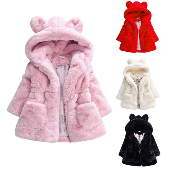 URMAGIC 1-8T Toddler Girls Winter Fleece Coat Kids Hooded Faux Fur Jacket Baby Warm Outwear