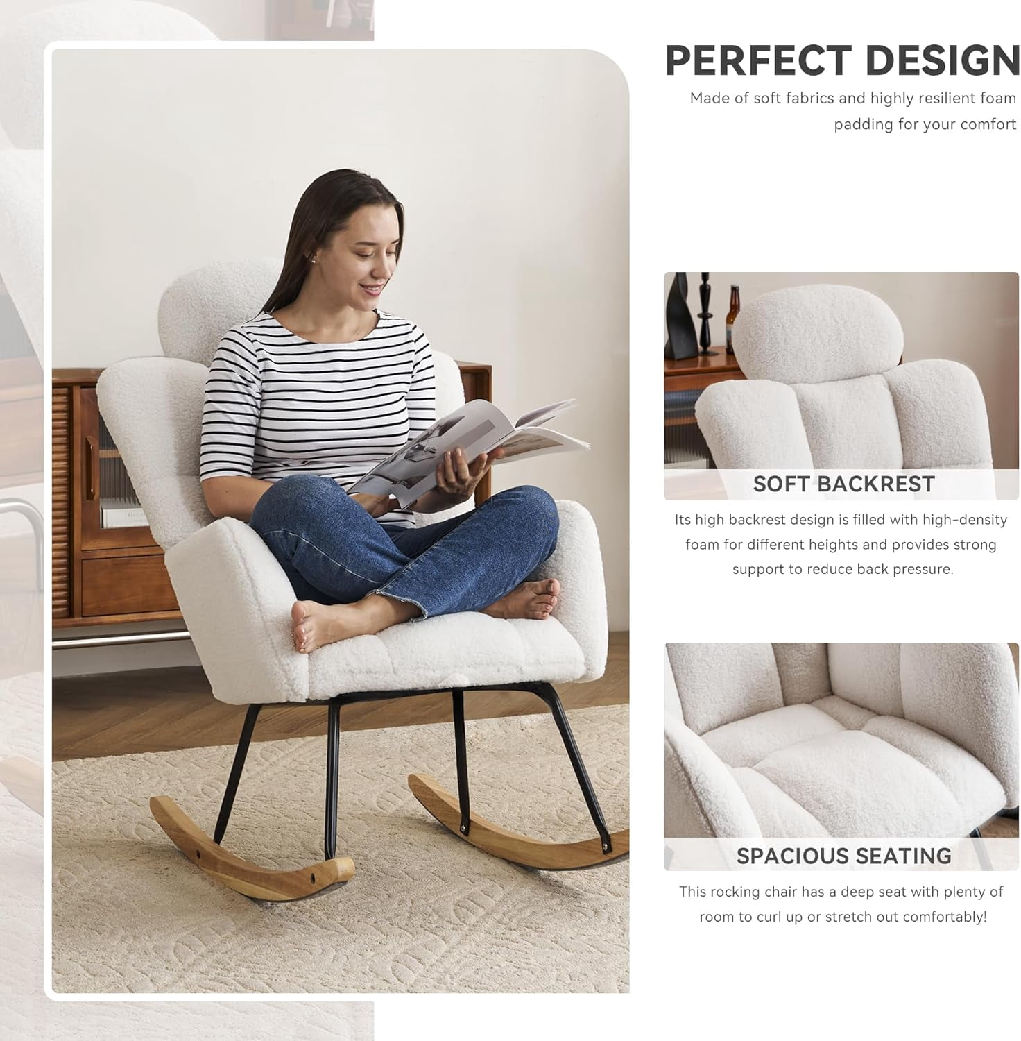 Rocking Chair Nursery Teddy Upholstered Glider Rocker High Backrest Nursery Rocker Comfortable Armchair
