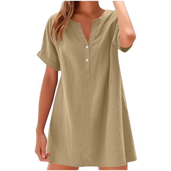 Efsteb Summer Dresses for Women Spring V-Neck Resort Dress Short Sleeve Solid Color Casual Button Short Dress Loose Fit ,Size:XXL