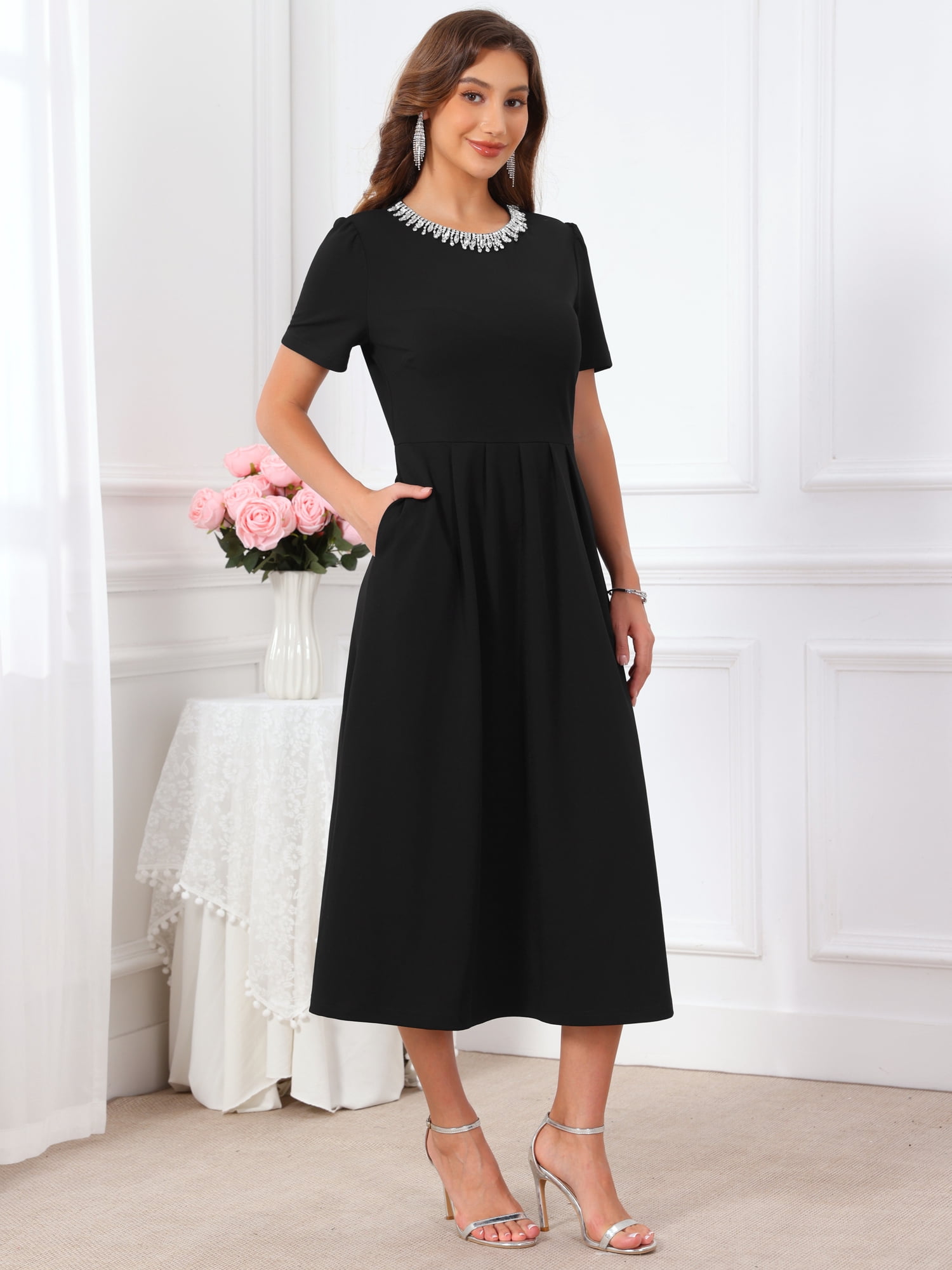 DARING DIVA Women's Formal Beaded Rhinestones Crewneck Cocktail Dress 2XL Black