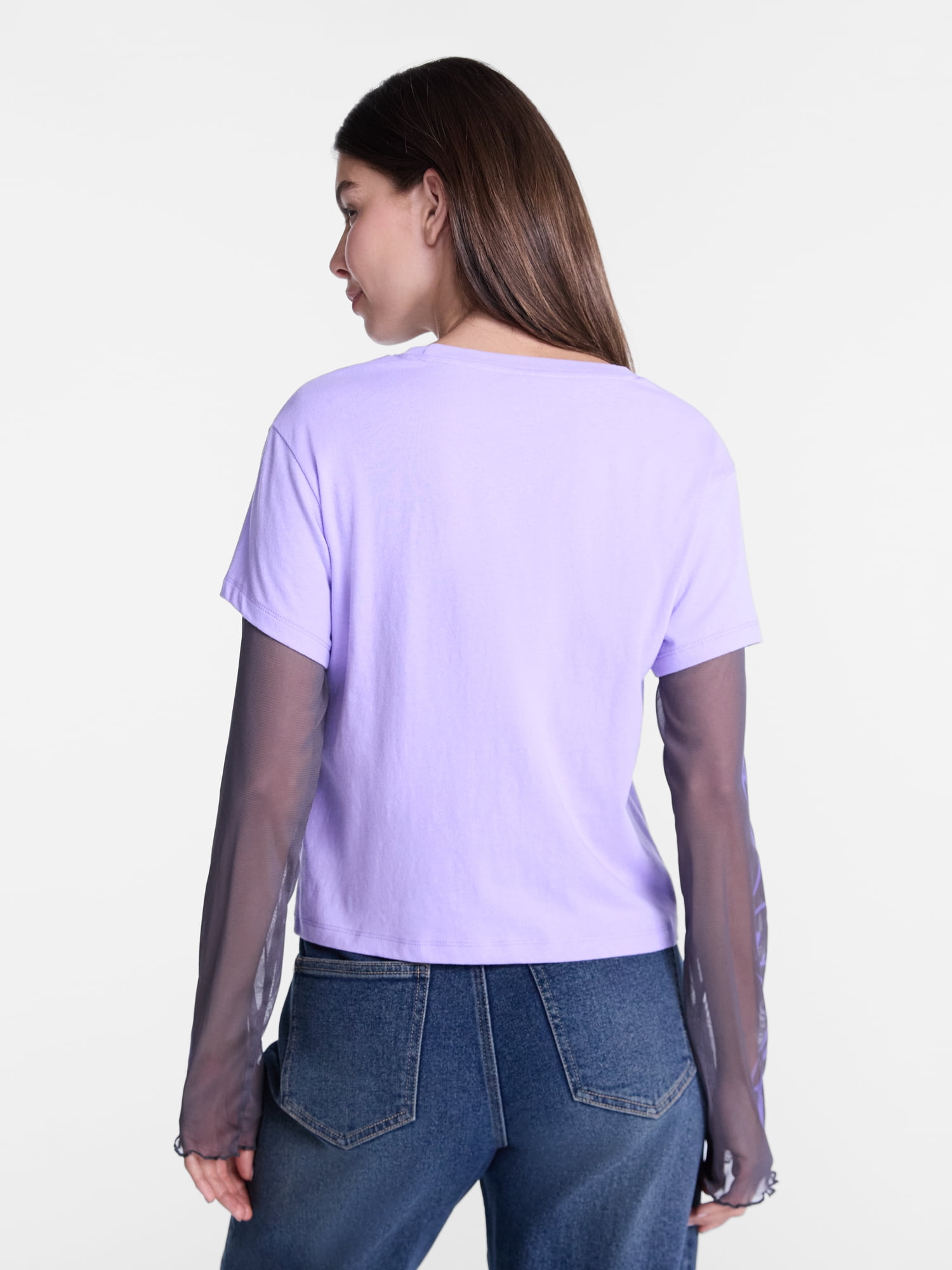 Sanrio Kuromi Women's Graphic Layered Mesh Tee with Long Sleeves, Sizes XXS-XXSL
