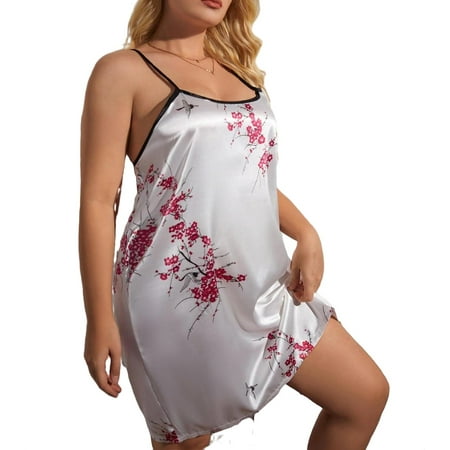 

Elegant Floral Print Cami Strap Slip Dress Sleeveless White Plus Size Nightgowns & Sleepshirts (Women s)