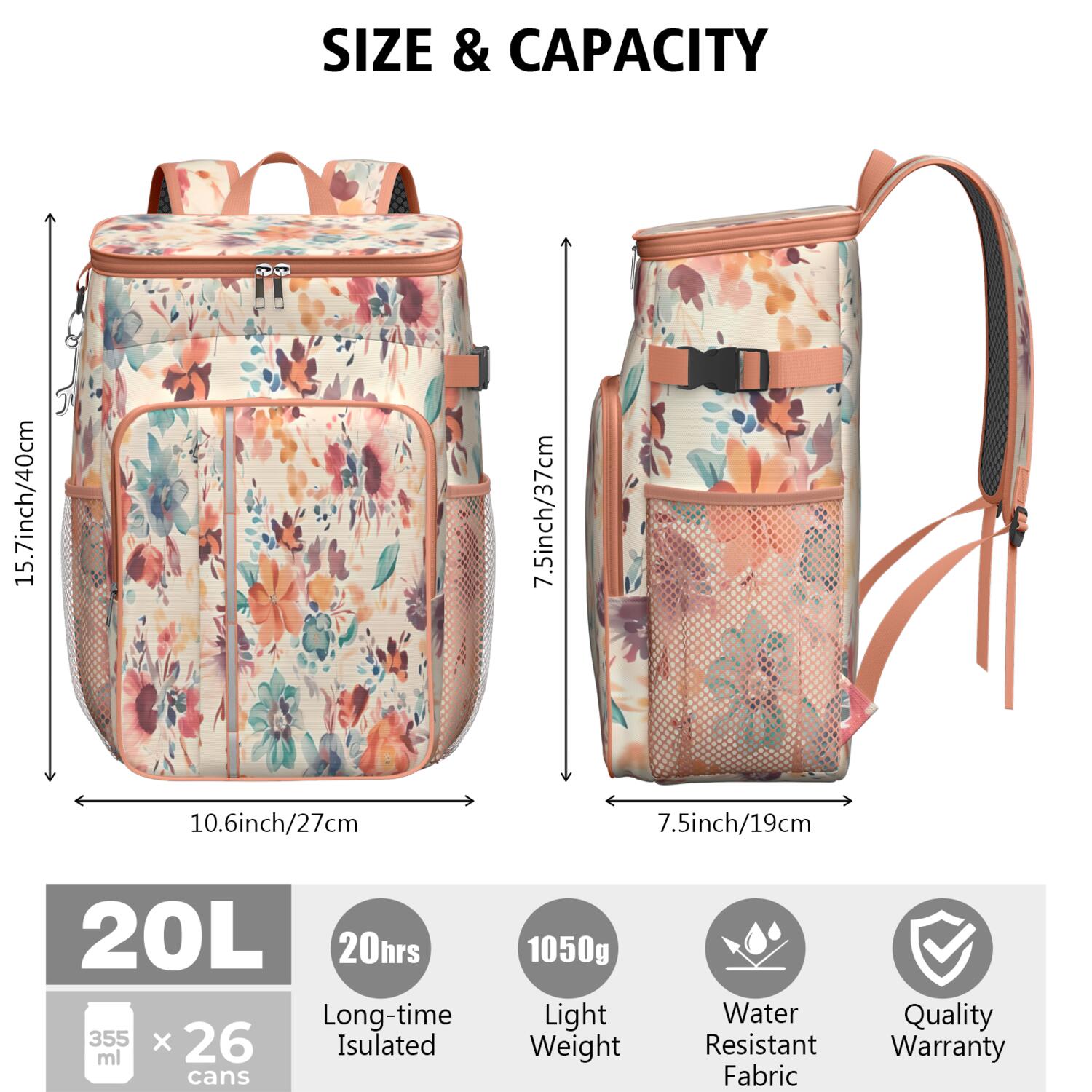 Travel Cooler Bag - Pioneer Flower Floral Print Pattern Camping Beer Cooler Backpack with Bottle Opener- Waterproof Insulated Picnic Backpacks - Cooler Bag for Beach