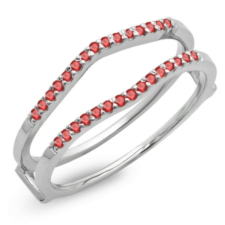 Ruby Gold Wedding Bands - 0.18 Carat (ctw) 10K White Gold Round Ruby Ladies Anniversary Wedding Band Enhancer Guard Double Ring