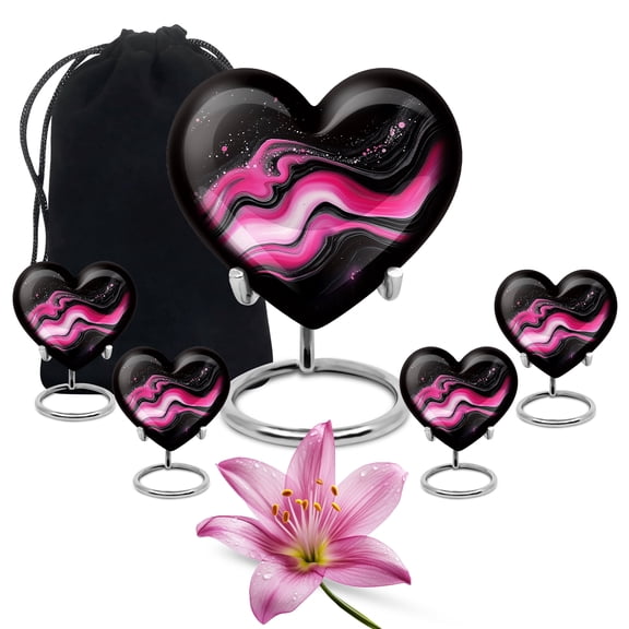 Pink Abstract Urns for Human Ashes Adult Female, Heart Cremation Urn for Man - Memorial Decorative Urn for Dad - Ashes Urns Keepsake - 3inch 4pcs Small & 10inch 1pcs Large Size Combo- Pack of 5