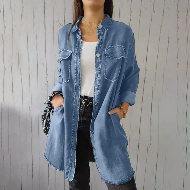 Chaquetas y abrigos de mezclilla de manga larga sin capucha para mujer, de mezclilla lavada de color sólido, proceso de lavado, camisa larga, chaqueta de mezclilla informal, abrigo para mujer
