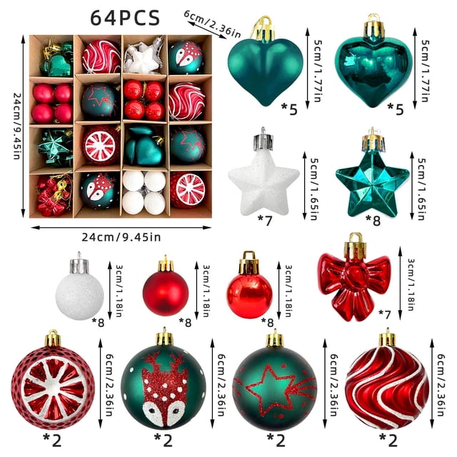 Bola Decorativa Juego de 64 adornos navideños para árbol con lazos, ciervos y corazones para decoración navideña. Rkxzt