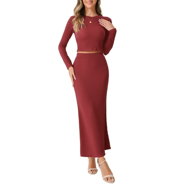 Conjuntos de punto de 2 piezas INSPIRE CHIC para mujer, con mangas largas, top corto y falda maxi de cintura alta estilo sirena, conjuntos de moda XS en rojo