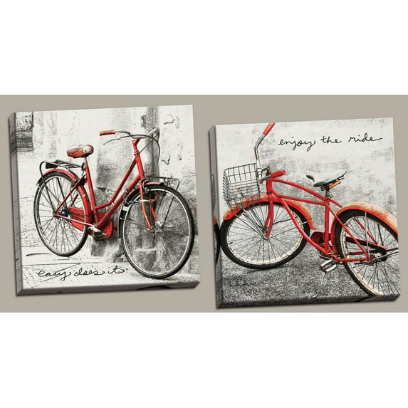Inspirational Red Bicycles "Easy Does It" and "Enjoy the Ride" Set; Two 12x12in Hand-Stretched Canvases