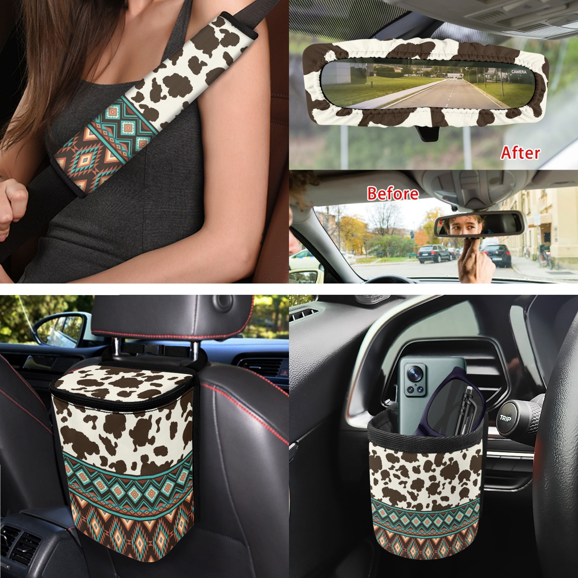 Yuyamidu Southwest Aztec Car Seat Cover Set 15 PCS Brown Cow Print Auto Steering Wheel Cover Seat Belt Strap Pads Cup Coasters Trash Bag Air Vent Storage Bag Rearview Mirror Cover Keychain